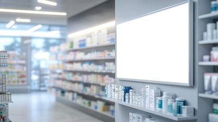 Pharmacy Interior with Empty Digital Advertising Banner
