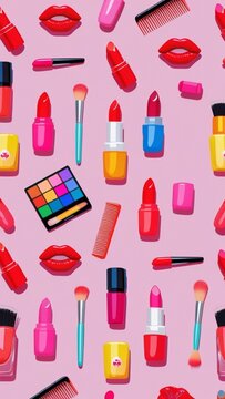 Fototapeta An animated whimsical, brightly colored wallpaper featuring tiny red and pink lipsticks