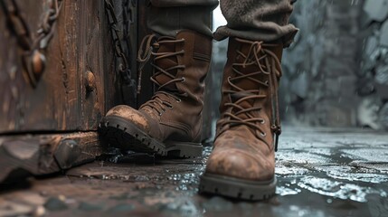 Weathered Leather Boots Standing Tall Against a Rustic Door in a Stone Fortress, Showcasing Adventure and Resilience