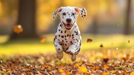 Playful Dalmatian puppy running through autumn leaves in a park with colorful background and clear sunny weather showcasing energetic pet activity