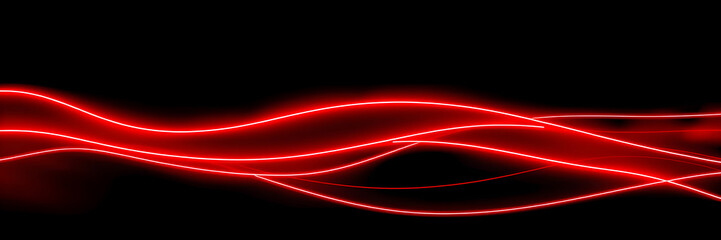 Dark abstract background with red neon glowing lines. Bold neon red light trails on a dark surface,...