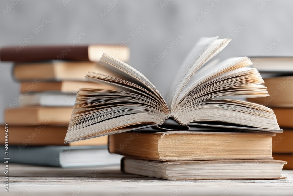 Poster open book with pages fanned out on top of stacked books in a library or study setting, detailed clos