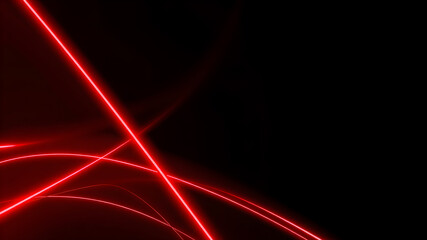 Dark abstract background with red neon glowing lines. Bold neon red light trails on a dark surface,...
