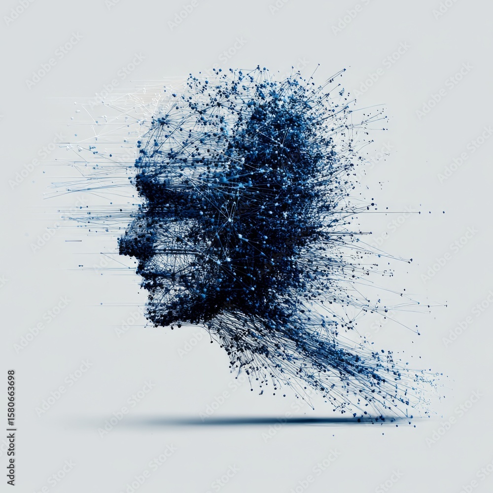 Poster abstract blue neural network head: digital art depicting connectivity and artificial intelligence