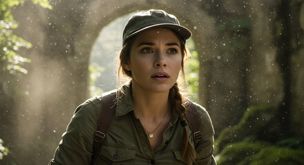 Young woman explorer with hat and backpack looks up in awe, during adventure in ancient ruins. Travel, discovery, and historic exploration concept.