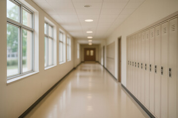 Obraz premium Sunlit School Hallway with Lockers and Large Windows Leading to Exit Under Bright Ceiling Lights