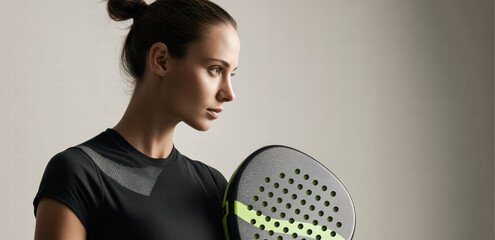 Studio portrait of a focused female padel player holding a modern padel racket. The athlete wears sleek sportswear and poses against a neutral background, emphasizing determination, performance, and c
