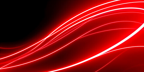 Dark abstract background with red neon glowing lines. Bold neon red light trails on a dark surface,...