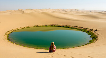 Woman sitting by a desert oasis. Landscape with sand dunes and a natural lake. Travel and adventure concept for relaxation or discovery.