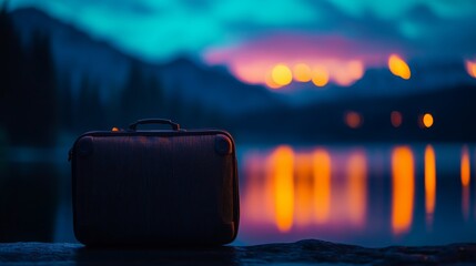 Mystical lake sunset with suitcase silhouette against vibrant sky