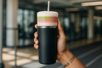 Layered Smoothie in Modern Smart Tumbler at the Gym