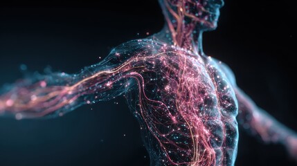 Detailed illustration of human circulatory system, featuring glowing veins and arteries, highlighting the intricate network within the human body and its vital functions