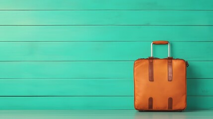 Vibrant turquoise background with modern orange suitcase for travel inspiration