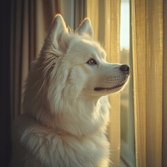 Elegant white dog with fluffy fur looking out the window du golden hour sunlight in a cozy indoor setting with curtains and warm natural lighting