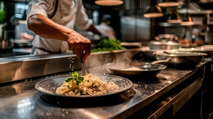 Preparing Gourmet Pasta Dish in Restaurant Kitchen: Chef Adding Final Touches with Professionalism and Culinary Expertise in Motion