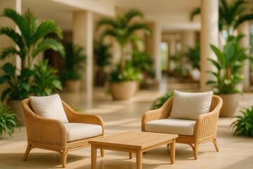 Serene Tropical Resort Lounge with Cushioned Rattan Chairs and Table Surrounded by Lush Greenery