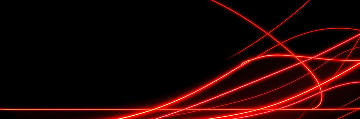Dark abstract background with red neon glowing lines. Bold neon red light trails on a dark surface,...