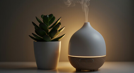 A small potted plant next to essential oil diffuser with steam rising, captured from a low angle with soft backlight. Mood: cozy and conscious living.

