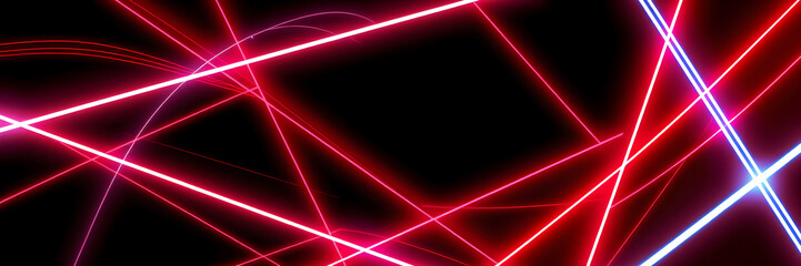 Dark abstract background with red neon glowing lines. Bold neon red light trails on a dark surface,...