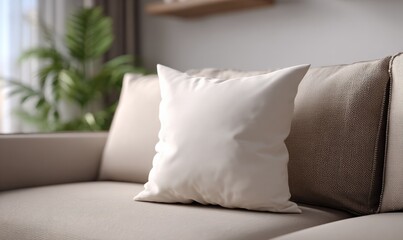 Cozy modern living room sofa with plush white decorative cushion and background green houseplant for home interior decor