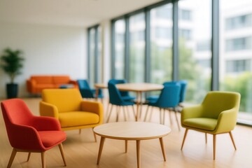 Vibrant Coworking Lounge With Colorful Chairs and Wide Windows for Modern Office or Creative Workspace Design