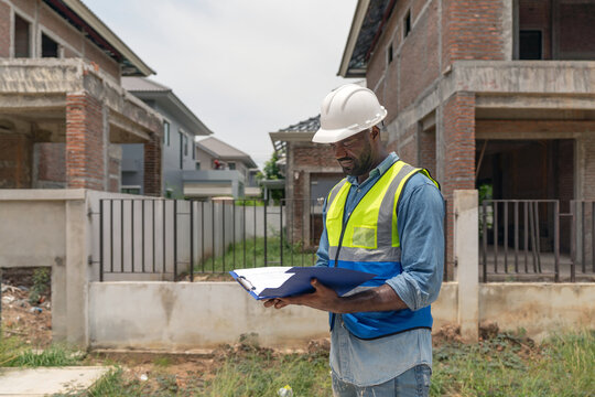A construction worker in a safety vest and helmet is examining blueprint at a residential building site. Newly built structure surround him, showcasing ongoing construction work.