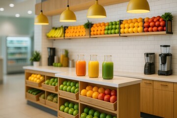 Contemporary Juice Bar Interior with Fresh Fruits and Smoothies Displayed in Vibrant Colors and Modern Lighting