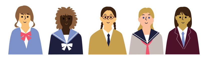 Fototapeta premium いろんな国の女子学生たち制服正面上半身アイコンセット5人