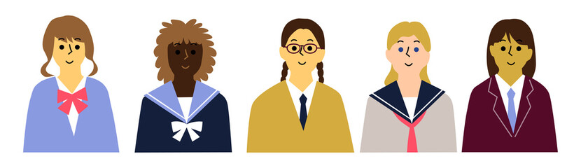 いろんな国の女子学生たち制服正面上半身アイコンセット5人