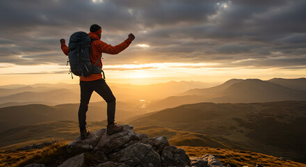 Man, a hiker, stands victoriously on a mountain peak at sunset with arms raised, celebrating success in adventure challenge or new beginnings.