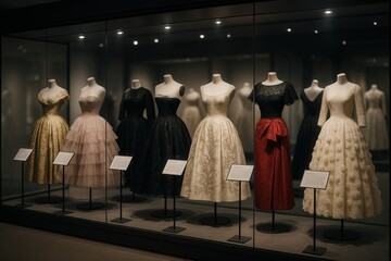 Vintage Couture Fashion Showcase in Elegant Museum Display Featuring Classic Dresses