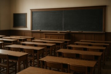 Vintage Lecture Room With Wooden Desks and Chalkboards Reflecting Classic Educational Setting and Retro Academic Atmosphere Suitable for Historic School Themes and Traditional Learning Environments