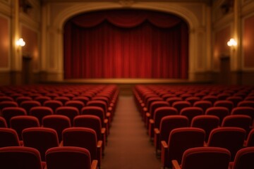 Vintage Theater Interior With Red Velvet Seats and Curtains Under Gentle Lighting