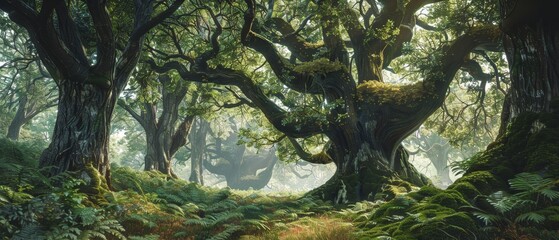 An ancient forest comes to life with towering trees, their gigantic trunks and sprawling branches enveloped in a misty glow, creating an ethereal scene..