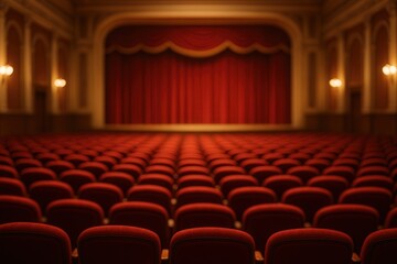 Vintage Theater Interior with Rows of Red Seats and Ornate Design Capturing Classic Elegance for Nostalgic Atmosphere and Cultural Experience in Artistic Architectural Style