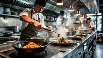Asian Chef Prepares Gourmet Pasta Dishes in Commercial Kitchen, Plating Food with Culinary Artistry and Professional Cooking Skill for Exquisite Dining