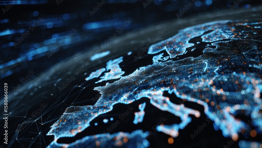 Poster global digital network connectivity concept with earth map in dark blue and light data lines illustr