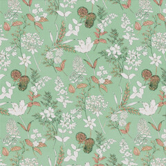Elegant All Over Repeat Pattern with Leaves and Flowers