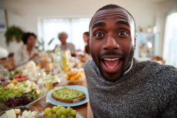 Happy young African American man taking selfie with family enjoying healthy meal breakfast brunch at home with fresh fruits vegetables and smiling faces