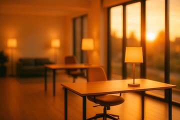 Warm Office Ambience at Sunset with Desk and Lamp, Modern Workspace Interior Design