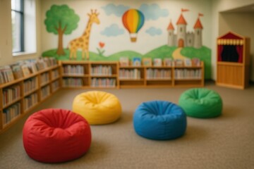 Whimsical Children's Library With Colorful Bean Bags and Mural Walls Showcasing a Giraffe, Hot Air Balloon, and Castle for Imaginative Reading Adventures