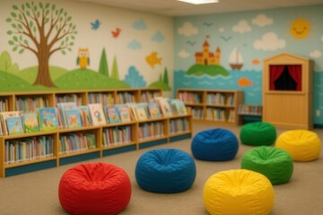 Whimsical Children's Library Corner With Colorful Bean Bags and Mural, Perfect for Kids Cozy Reading and Learning Experiences