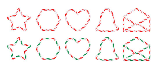 Set of Christmas candy cane figure frames with red and white stripes. Drawing of striped Christmas candy canes . New Year template with space for text .Vector illustration isolated on white background
