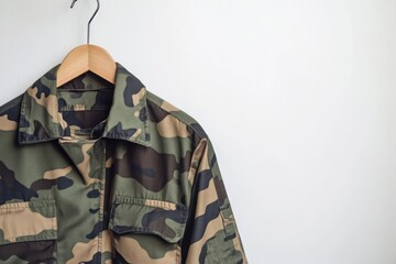 Camouflage Military Uniform Hanging on Wooden Hanger