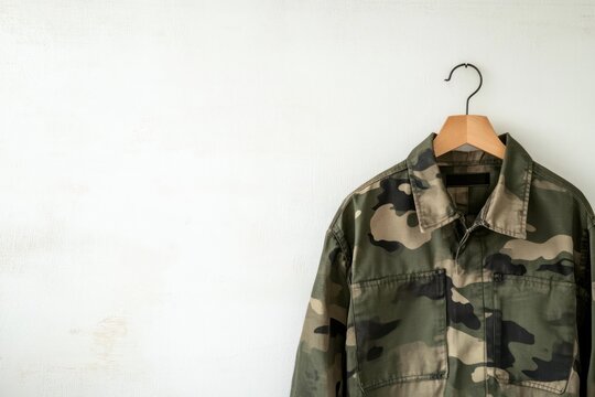 Camouflage Military Uniform Hanging on Wooden Hanger