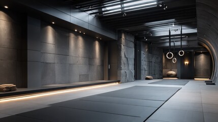 Modern minimalist martial arts dojo interior with tatami mats and ambient lighting for training and meditation practices