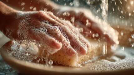 Fototapeta premium Close-up of Hands Washing with Soap and Water to Cleanse Skin and Remove Dirt and Germs for Personal Hygiene and Clean Living