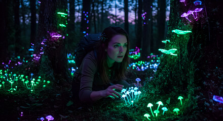 Woman on all fours in a dark forest at night looking at glowing mushrooms, fantasy adventure exploration concept.