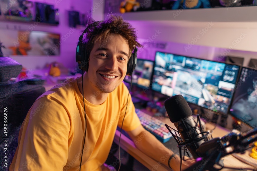 Poster young man with headphones smiling at camera while recording in a vibrant gaming and streaming setup 