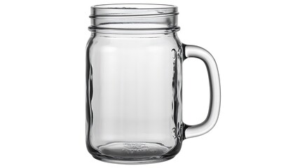 Empty transparent glass mason jar with handle isolated on white background  

